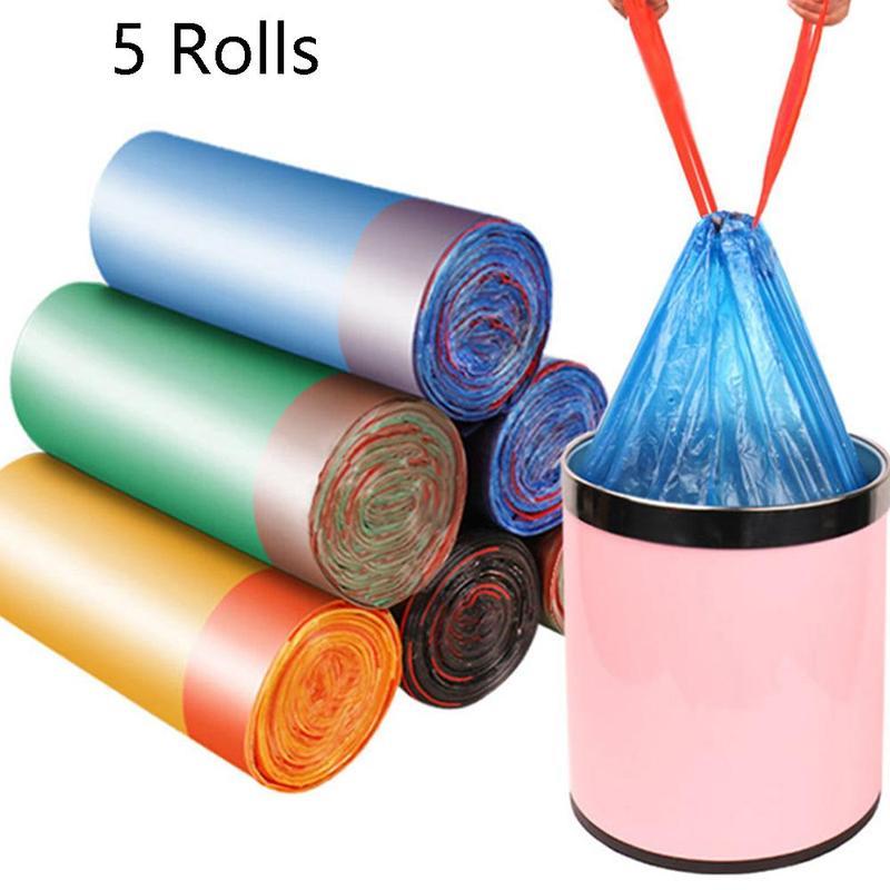 Home Bathroom Supplies - 75Pcs 5 Rolls Drawstring Garbage Bags
