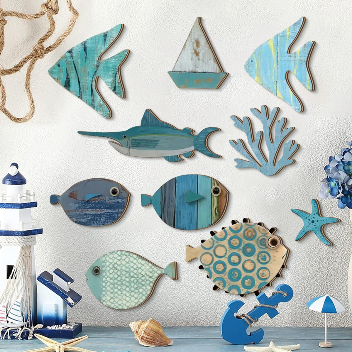 Home Of The Year Bathroom - 10pcs/set Sea Theme 2D Wooden Fish