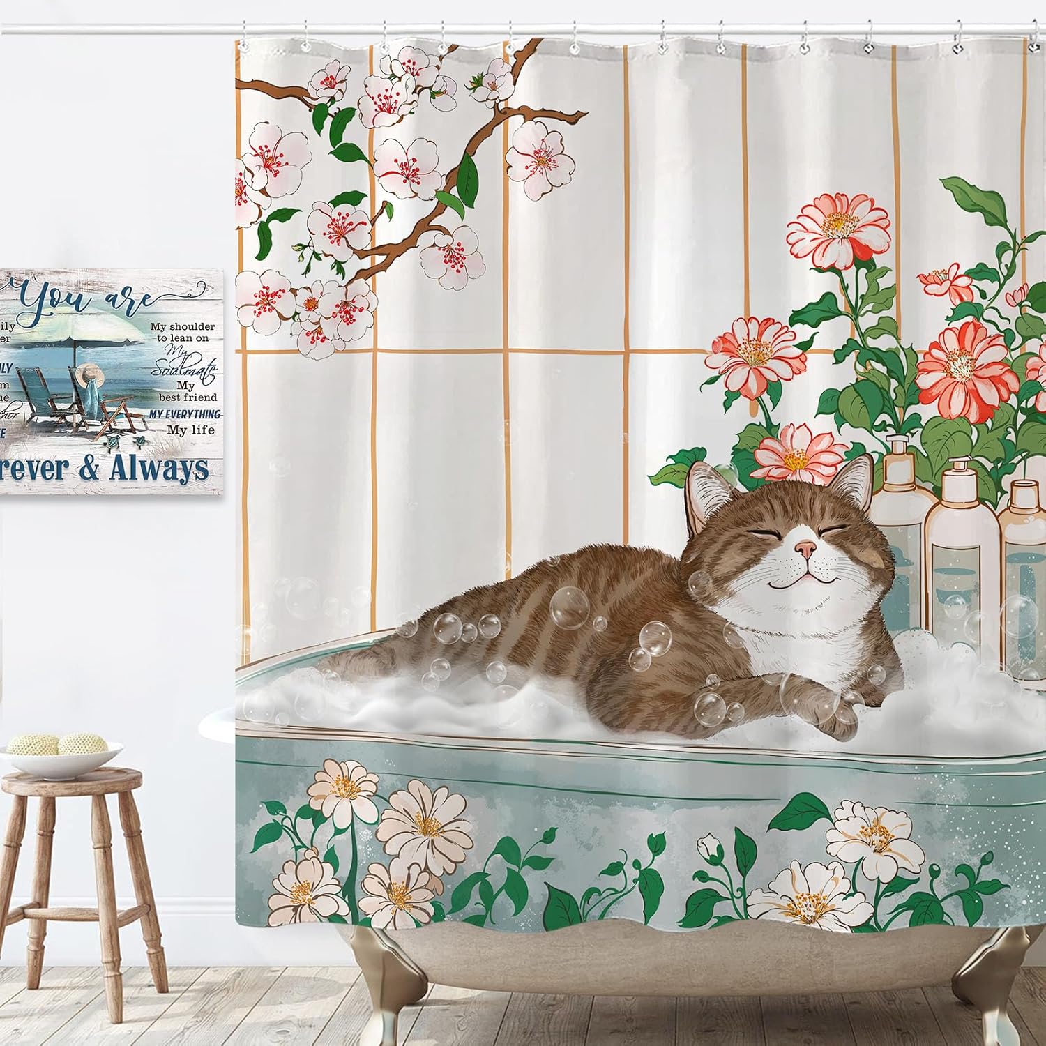 Aesthetic Cat Floral Watercolo - Home Bathroom Spa Ideas reseña y precio
